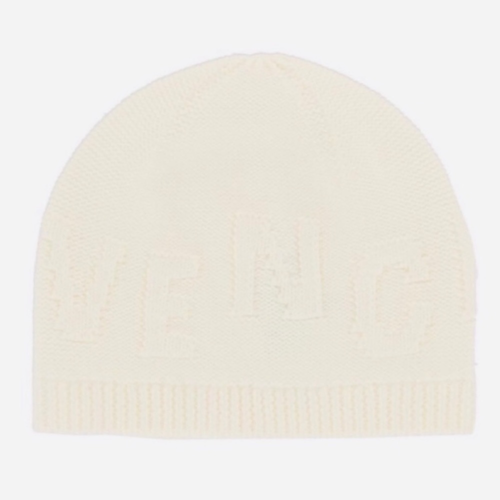 Givenchy Tonal Raised Logo Jacquard Knit Wool Beanie Hat Cream Off White NWT